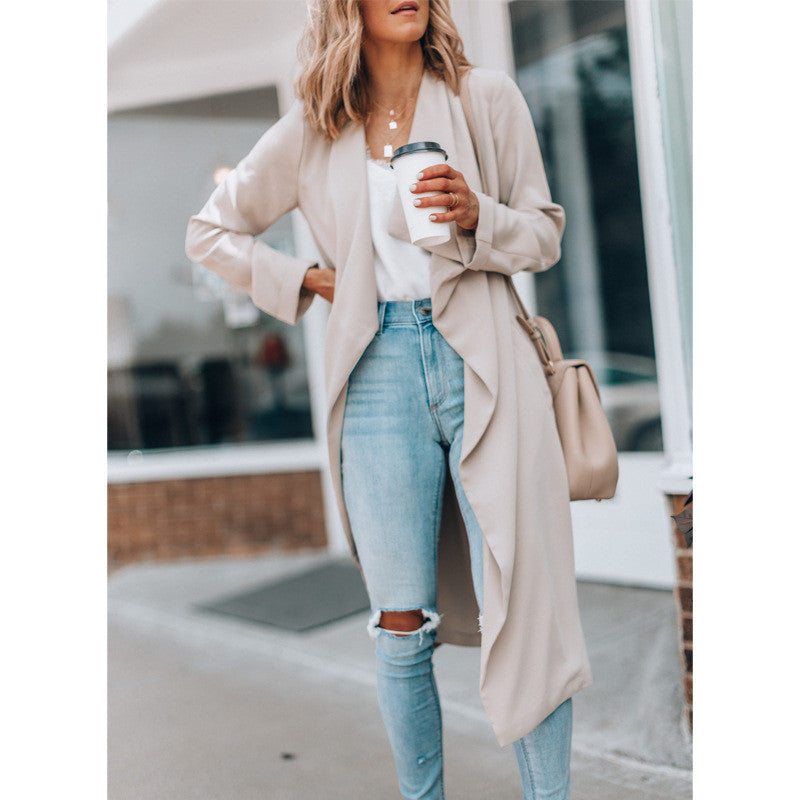 Lapel Solid Color Mid-length Casual Windbreaker Women's Clothing