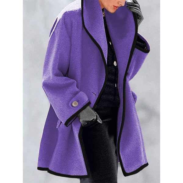 Multicolor round neck loose hooded woolen coat