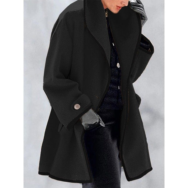 Multicolor round neck loose hooded woolen coat