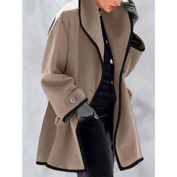 Multicolor round neck loose hooded woolen coat