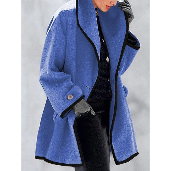 Multicolor round neck loose hooded woolen coat
