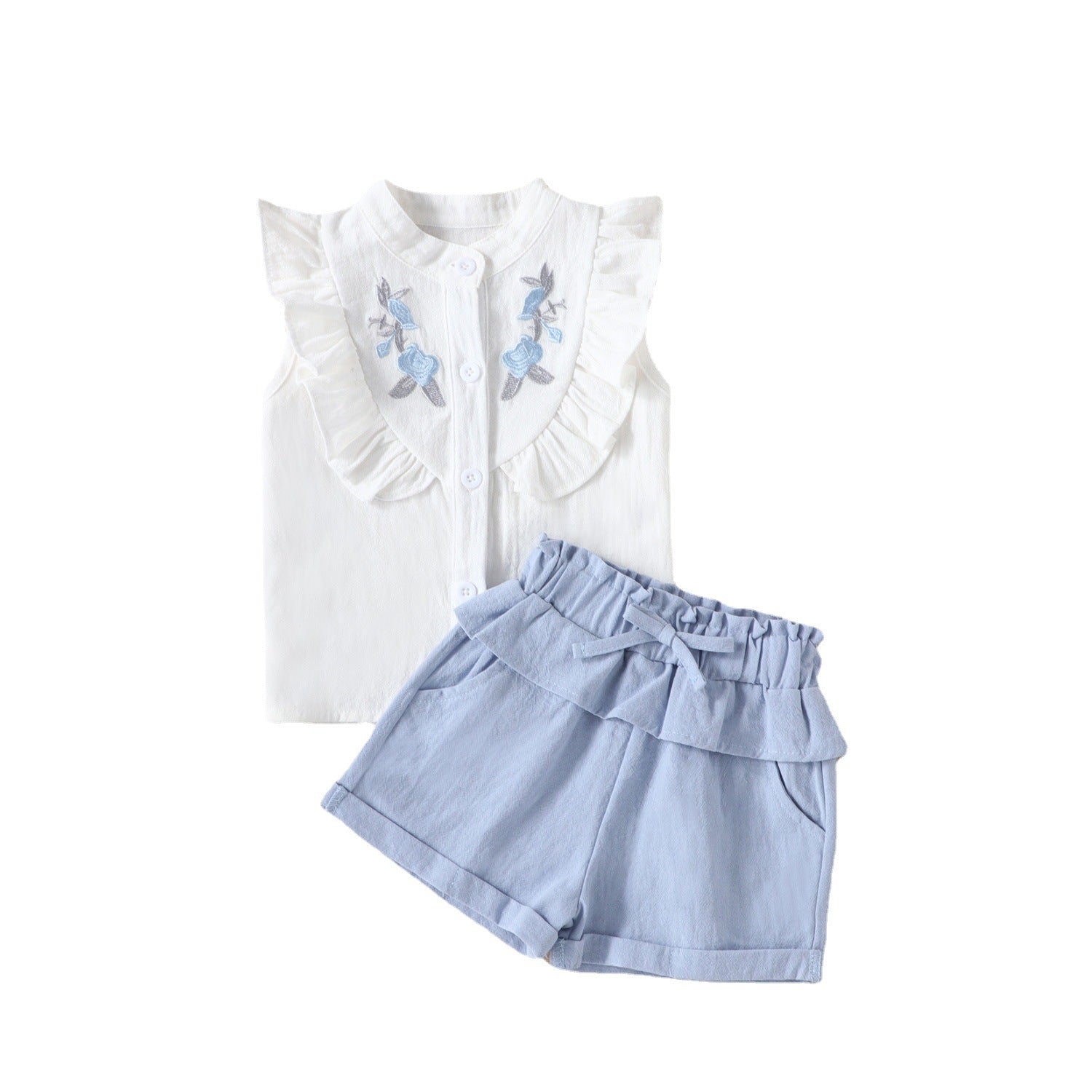 New Children's Summer New Sleeveless Embroidered Shirt Top Shorts Two-piece Set