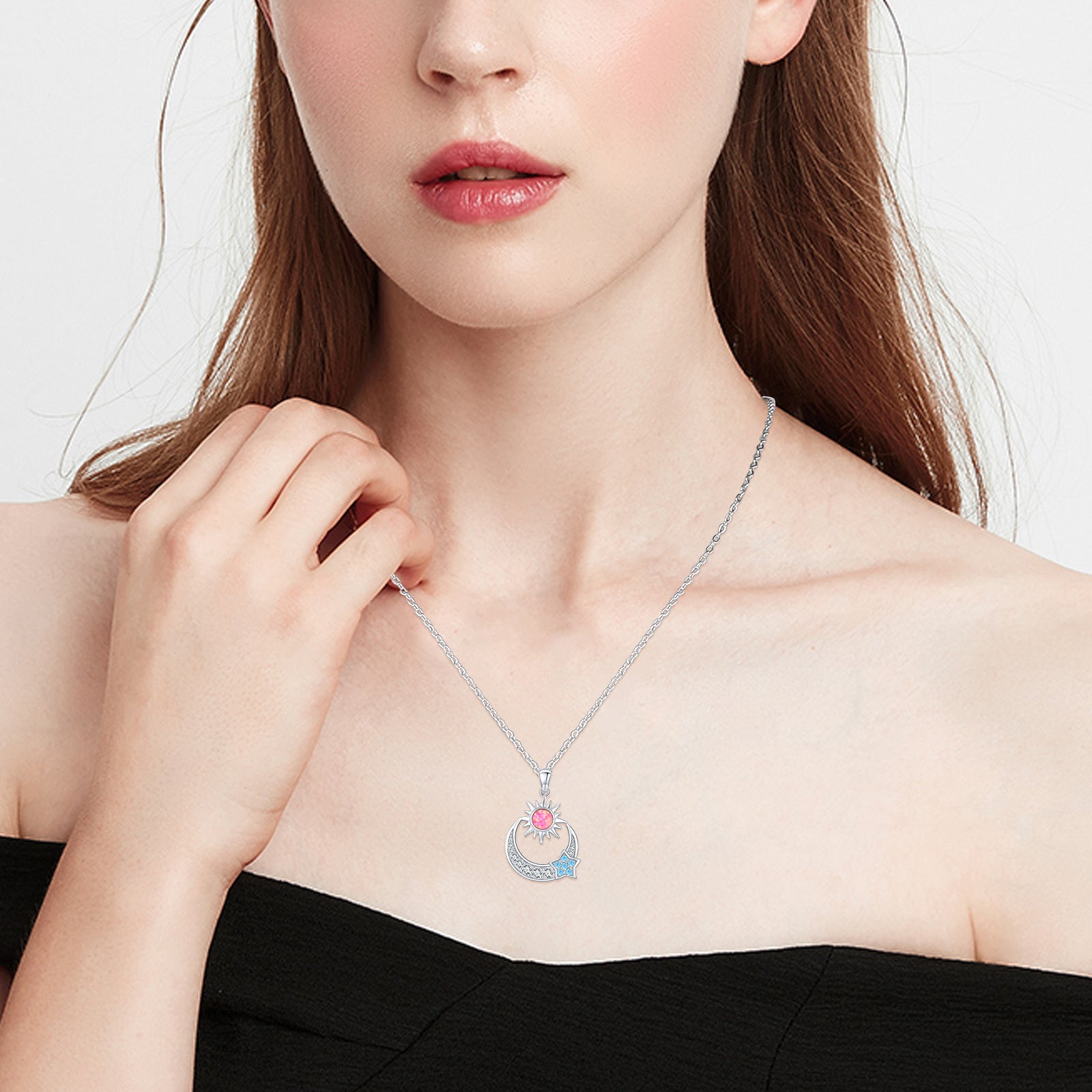 925 Sterling Silver Star Sun Crescent Moon Pendant Necklace
