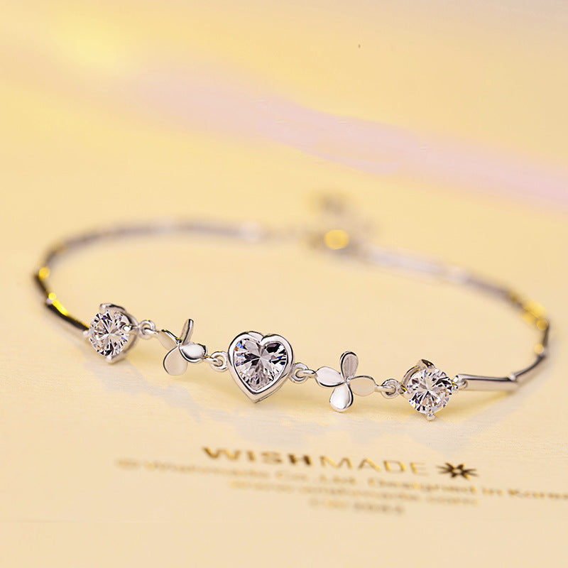 The Qixi Festival Jewelry S925 Sterling Silver Bracelet Fashion Jewelry Silver Bracelet New Heart-shaped Clover