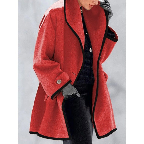 Multicolor round neck loose hooded woolen coat