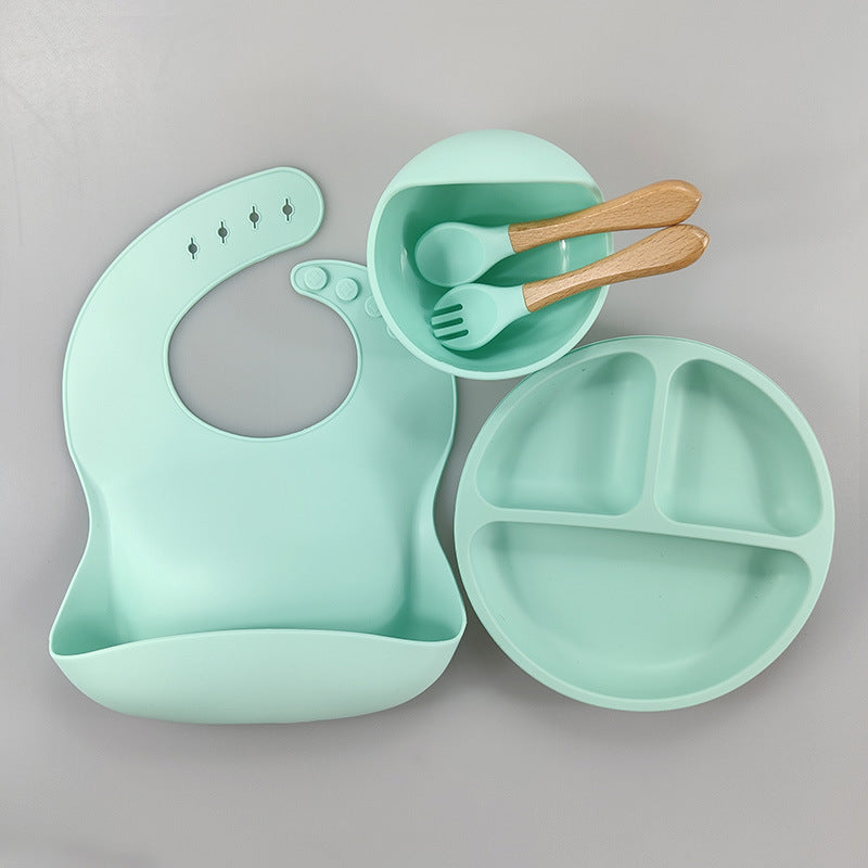 Children's Silicone Bib Compartment Plate Five-piece Set Baby Food Supplement Training Snack Catcher Baby Tableware Set