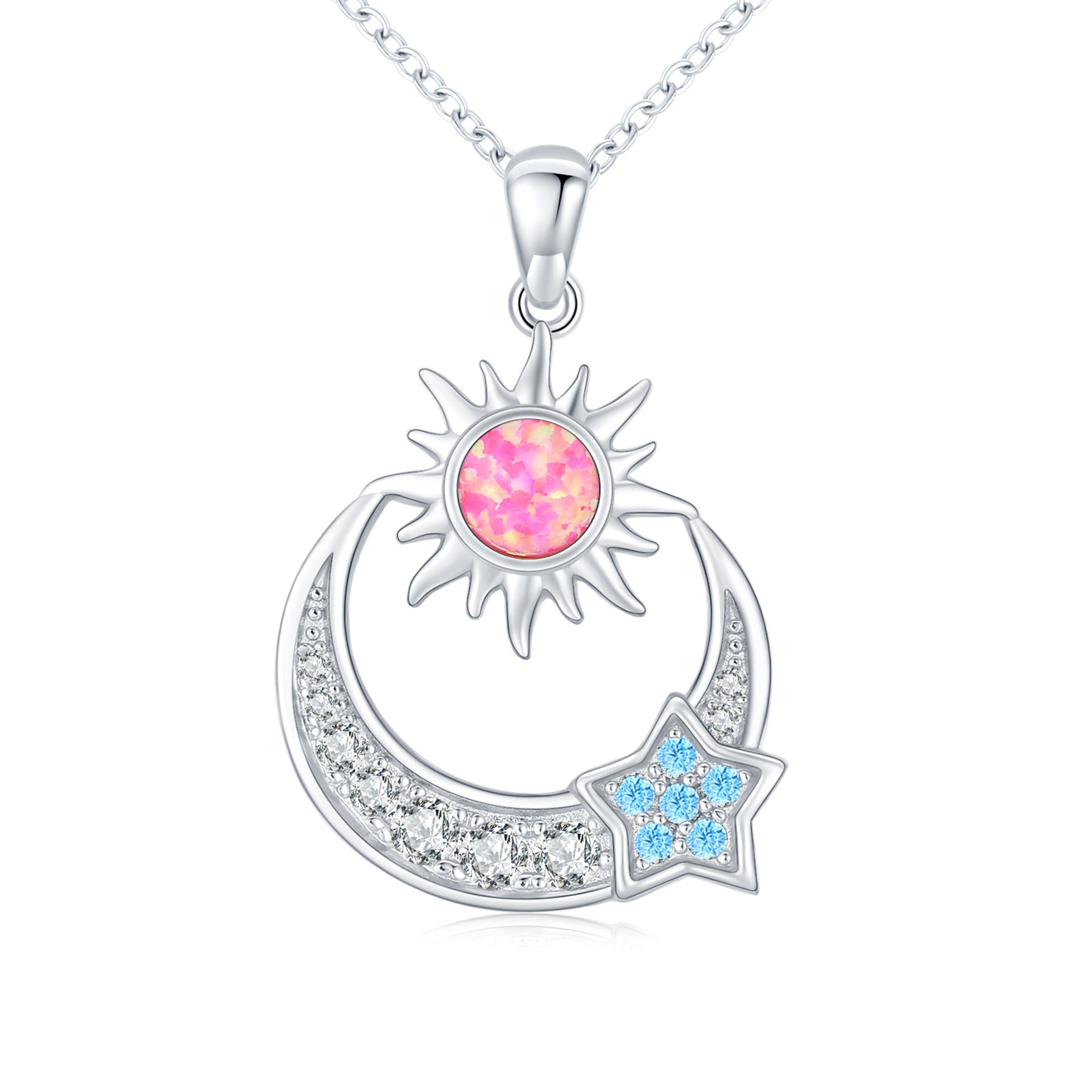 925 Sterling Silver Star Sun Crescent Moon Pendant Necklace