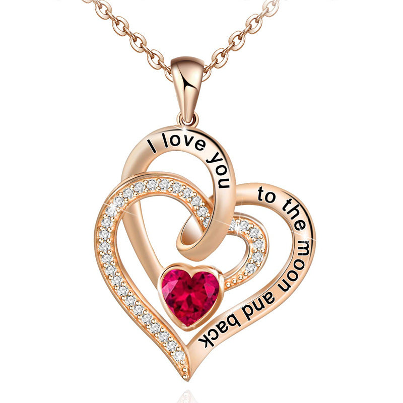 Lettering Necklace Double Heart Diamond Birthstone Necklace