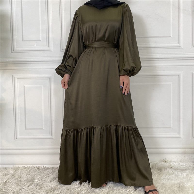 New Fashion Women's Patchwork Muslim Lace Up Solid Color Dress