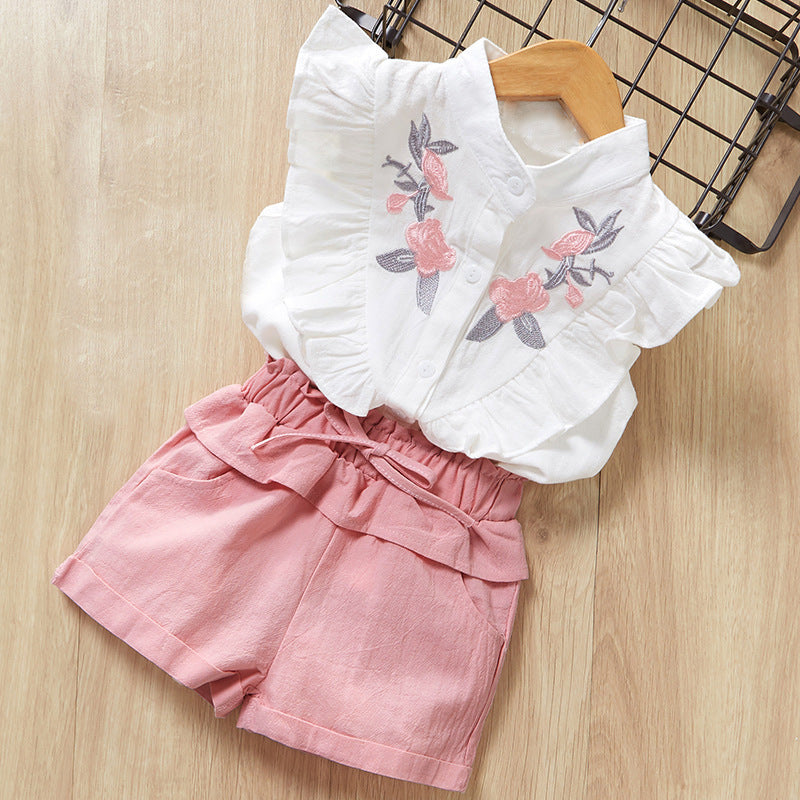 Korean Style Cute Little Girl Embroidered Top Fashion Casual Shorts Two-piece Set
