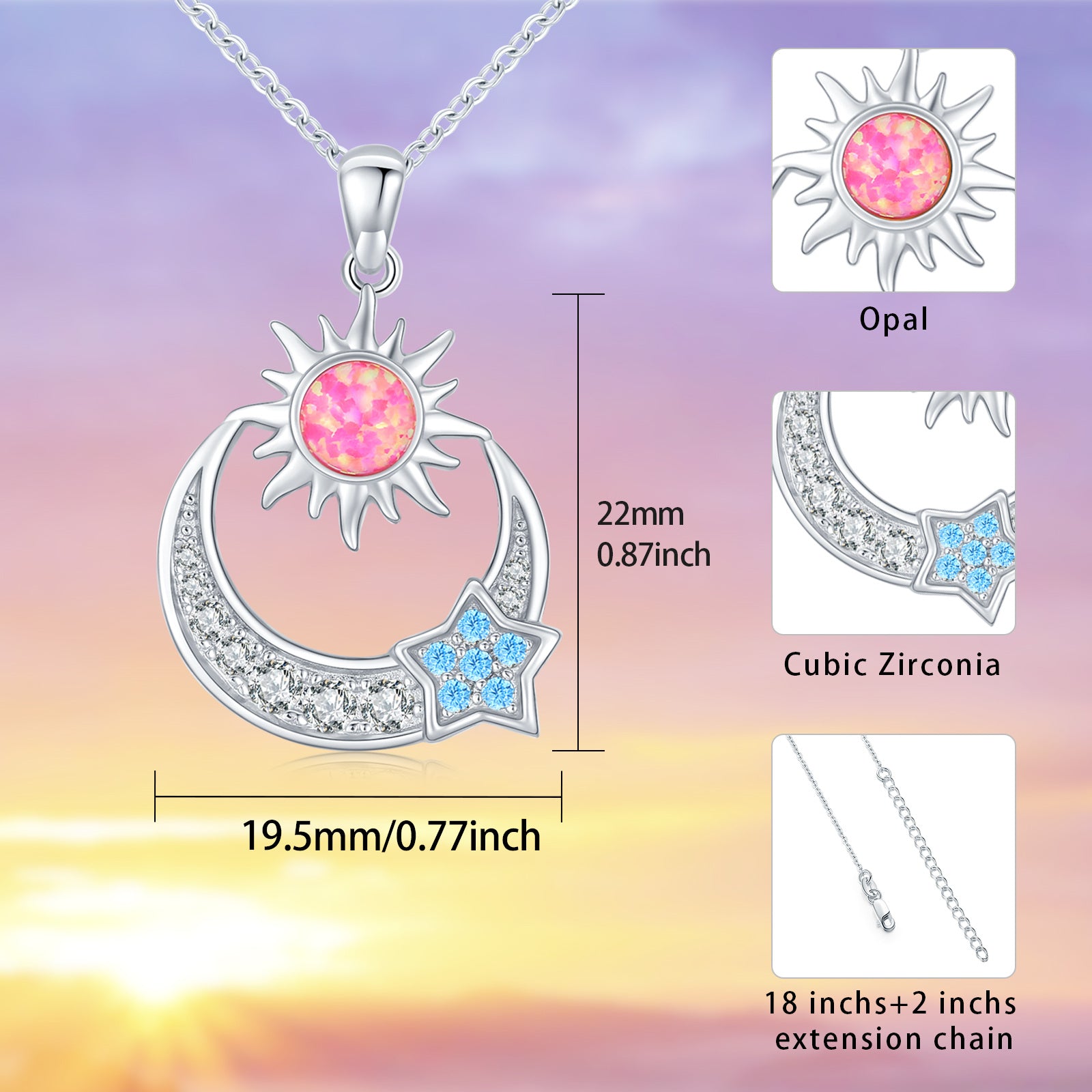 925 Sterling Silver Star Sun Crescent Moon Pendant Necklace