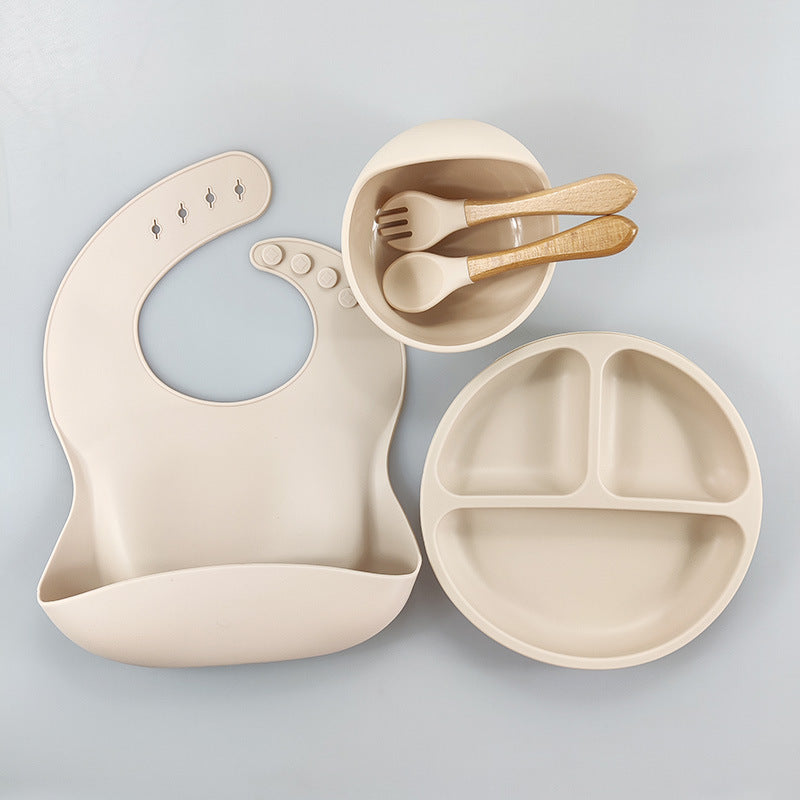 Children's Silicone Bib Compartment Plate Five-piece Set Baby Food Supplement Training Snack Catcher Baby Tableware Set