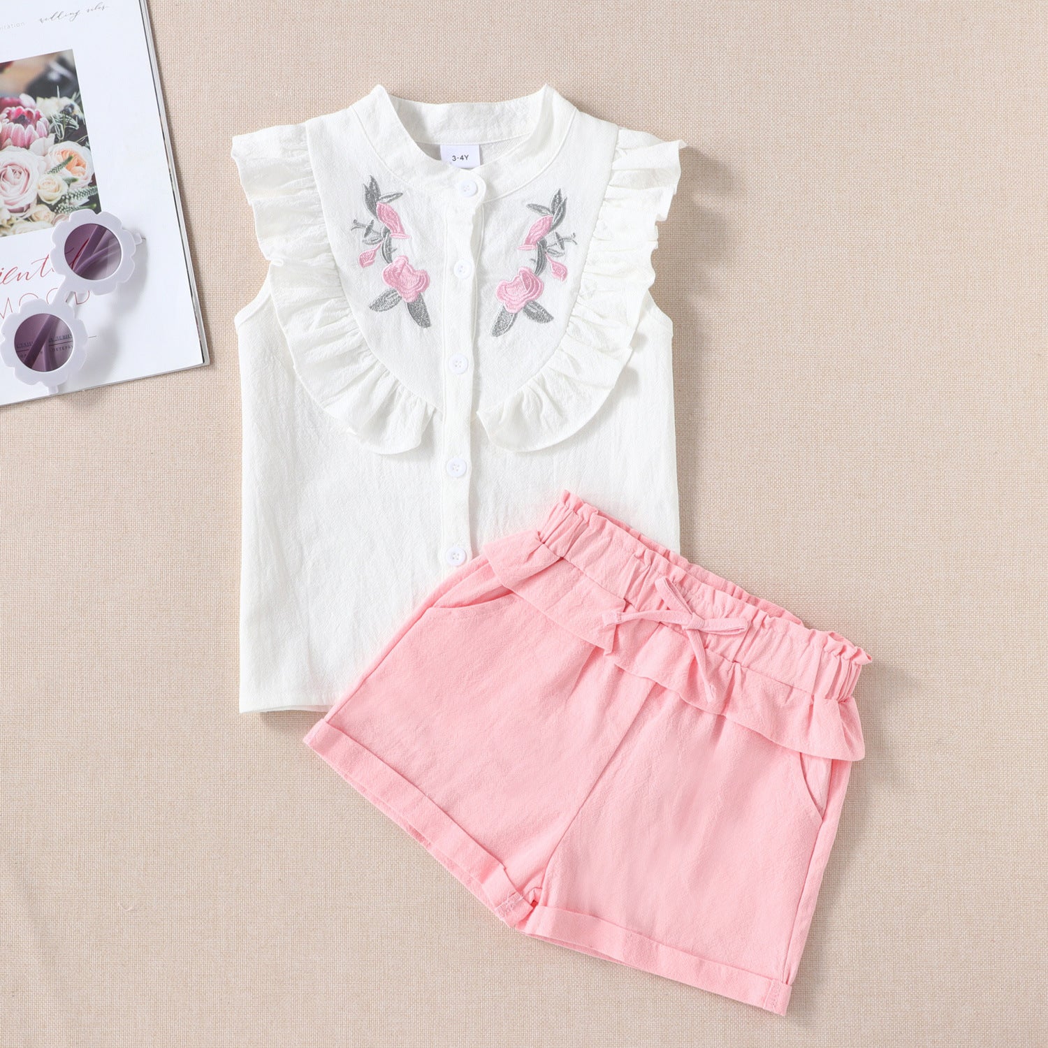 New Children's Summer New Sleeveless Embroidered Shirt Top Shorts Two-piece Set