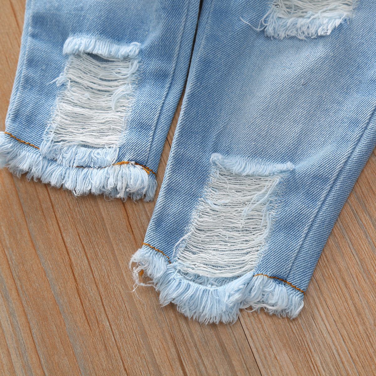 Girls' Sleeveless Short Top Denim Brushed Ripped Cropped Pants Three-piece Suit