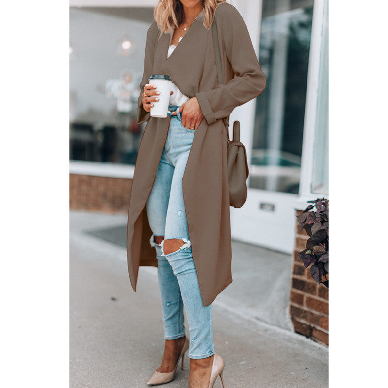 Lapel Solid Color Mid-length Casual Windbreaker Women's Clothing
