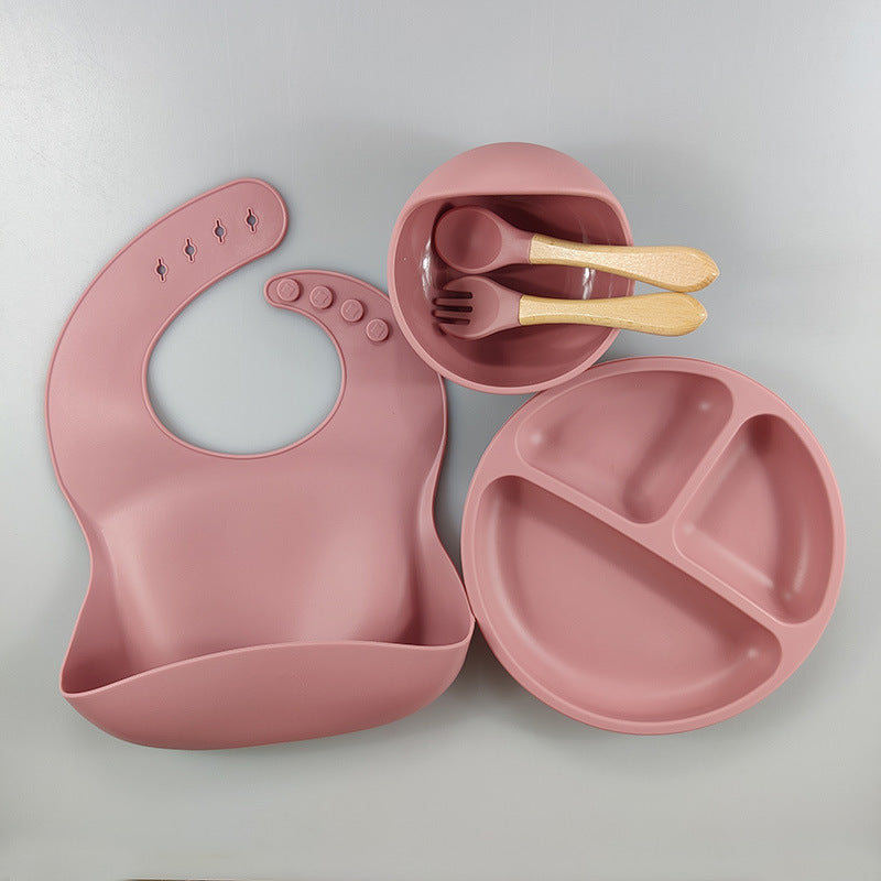 Children's Silicone Bib Compartment Plate Five-piece Set Baby Food Supplement Training Snack Catcher Baby Tableware Set