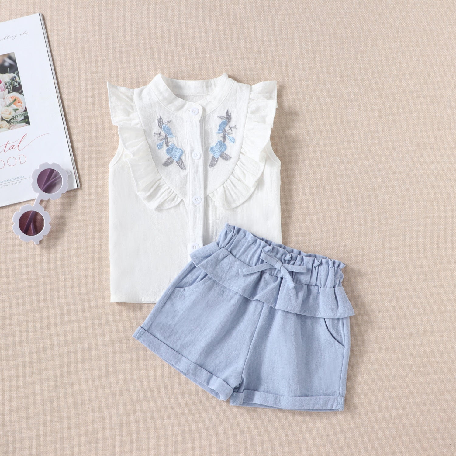 New Children's Summer New Sleeveless Embroidered Shirt Top Shorts Two-piece Set