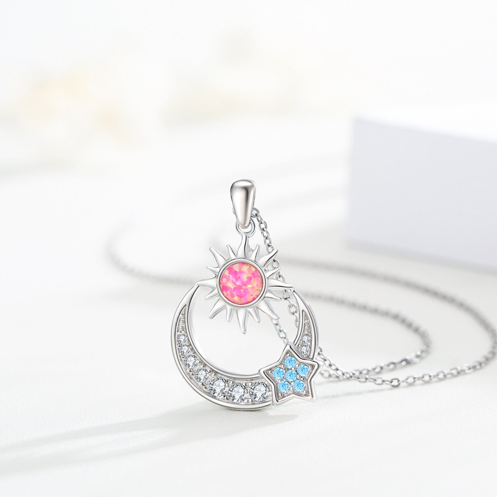 925 Sterling Silver Star Sun Crescent Moon Pendant Necklace