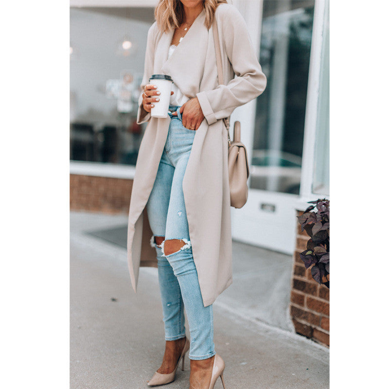 Lapel Solid Color Mid-length Casual Windbreaker Women's Clothing