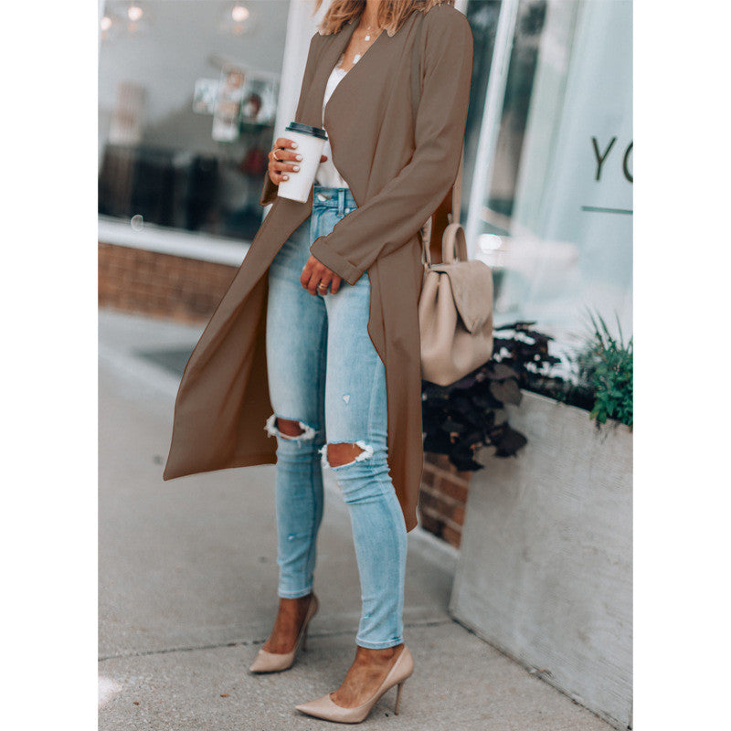 Lapel Solid Color Mid-length Casual Windbreaker Women's Clothing