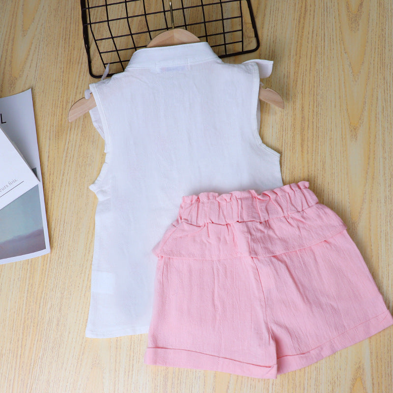 Korean Style Cute Little Girl Embroidered Top Fashion Casual Shorts Two-piece Set