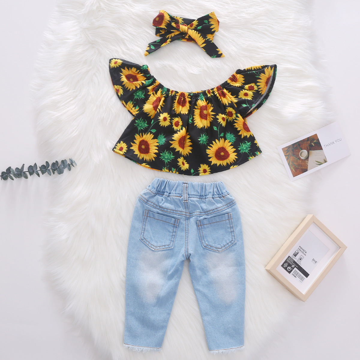 Girls' Sleeveless Short Top Denim Brushed Ripped Cropped Pants Three-piece Suit