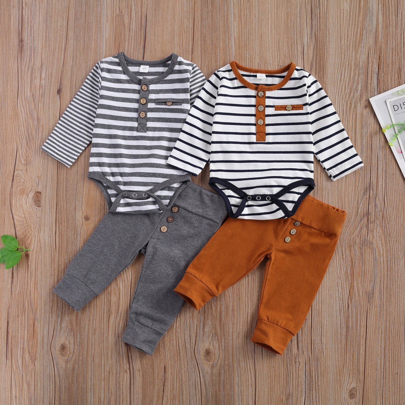 Spring And Autumn New Stripe Long Sleeve Top And Pants Two Piece Set