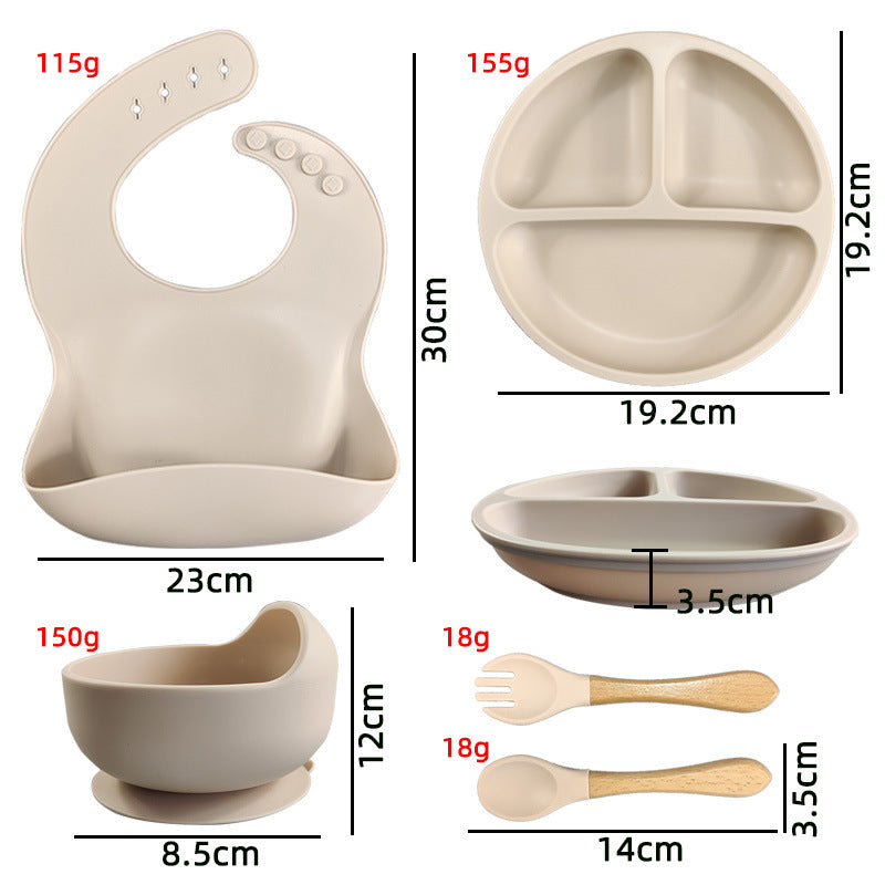 Children's Silicone Bib Compartment Plate Five-piece Set Baby Food Supplement Training Snack Catcher Baby Tableware Set