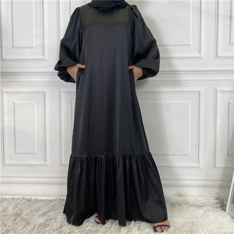 New Fashion Women's Patchwork Muslim Lace Up Solid Color Dress