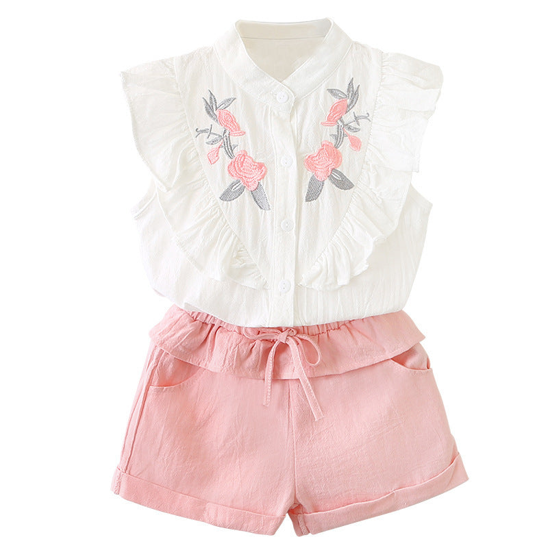 Korean Style Cute Little Girl Embroidered Top Fashion Casual Shorts Two-piece Set