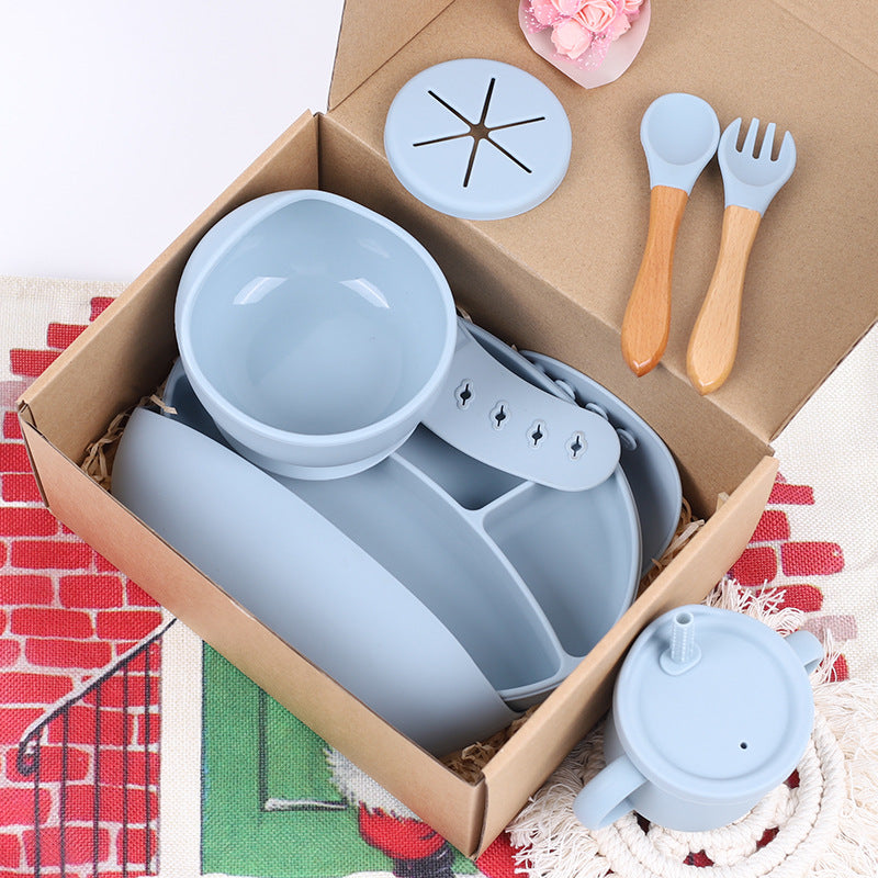 Silicone Baby Food Suplement Plate bowl spork spoon Bib seven piece tableware Set Plate spoon fork bib set Ms. Leah's Place