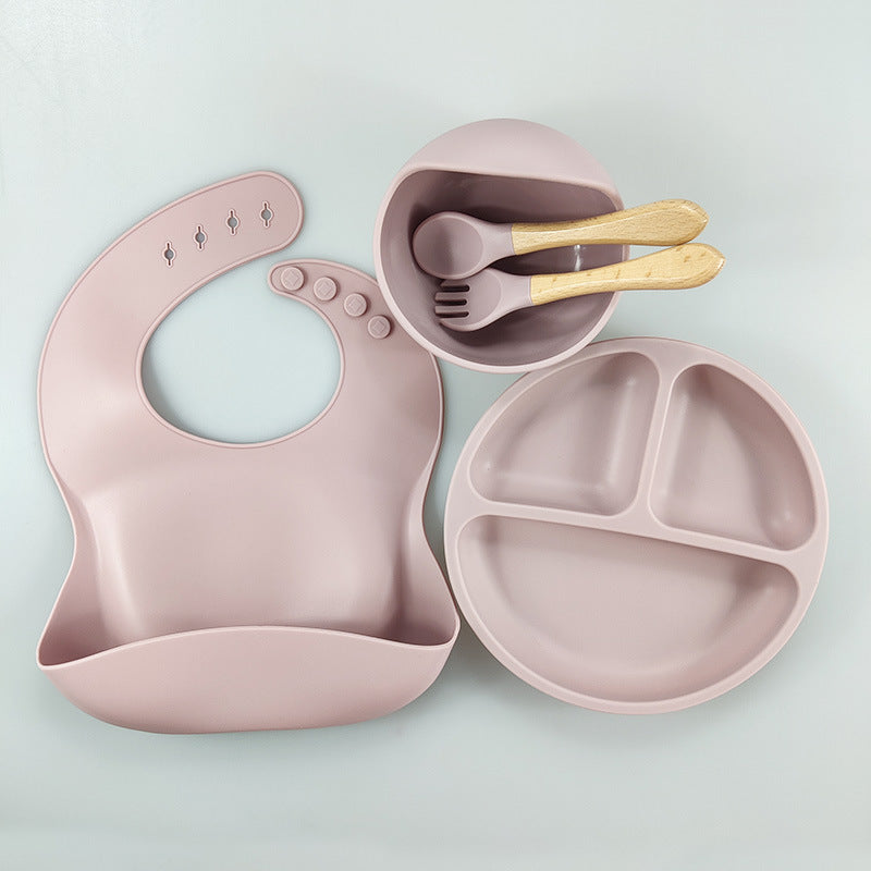 Children's Silicone Bib Compartment Plate Five-piece Set Baby Food Supplement Training Snack Catcher Baby Tableware Set