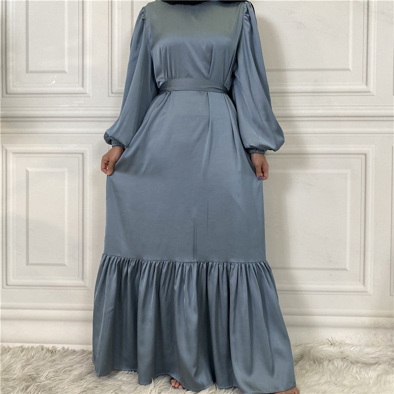 New Fashion Women's Patchwork Muslim Lace Up Solid Color Dress