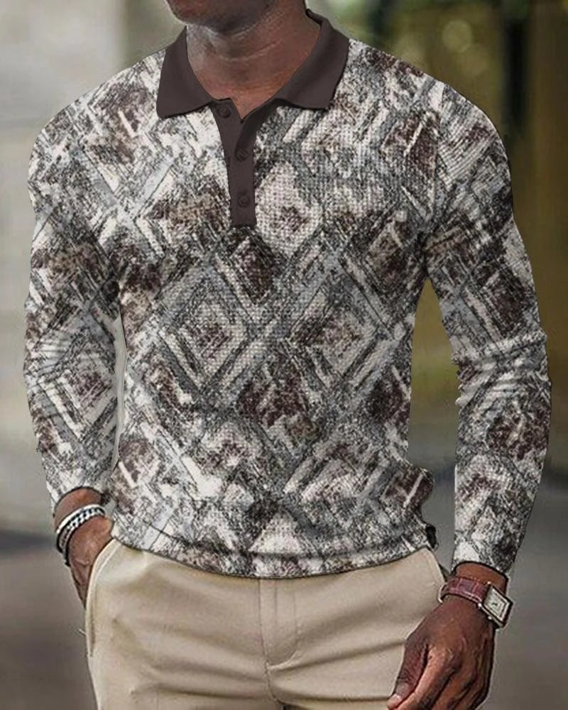 Printed Polo Long Sleeve Pullover Casual Men's T-Shirt