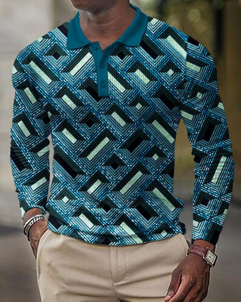 Printed Polo Long Sleeve Pullover Casual Men's T-Shirt