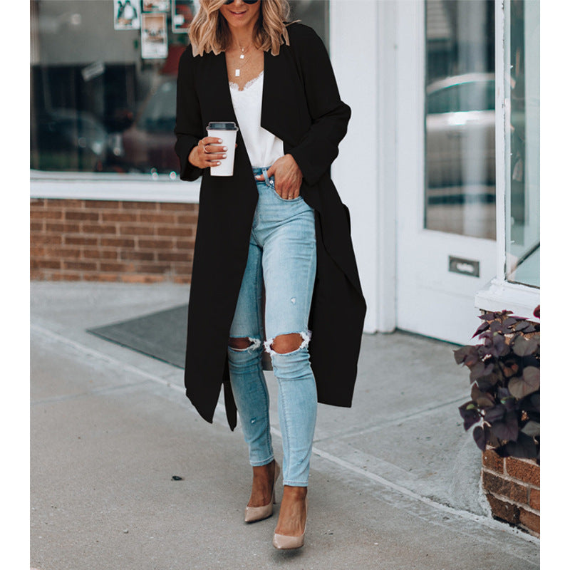 Lapel Solid Color Mid-length Casual Windbreaker Women's Clothing