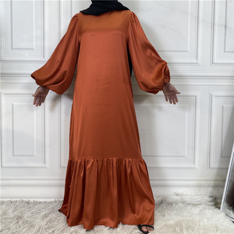 New Fashion Women's Patchwork Muslim Lace Up Solid Color Dress