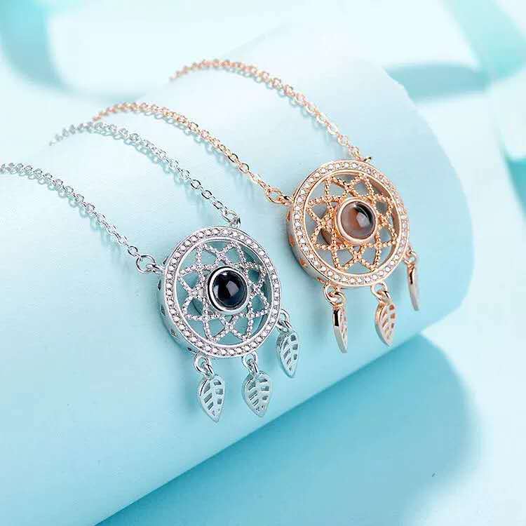 100 Languages I Love You Dream Catcher Projection Necklace Silver Collar Chain