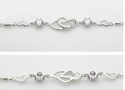 S925 pure silver bracelet wholesale, heart-shaped Amethyst Bracelet, double heart bracelet, Korean Style Sterling Silver Jewelry