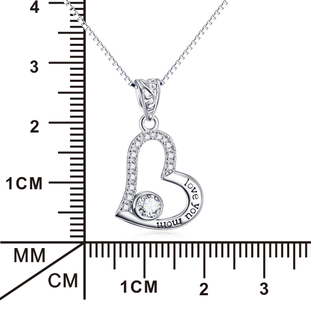 Sterling Silver Love You Mom Love Heart Pendant Necklace
