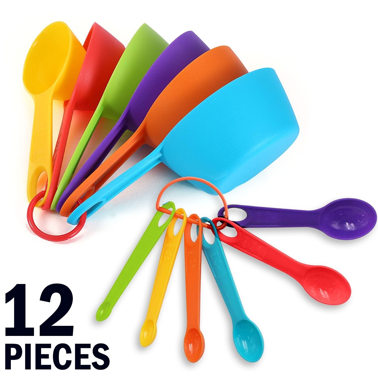 Multi-Color Measuring Cups And Spoons 12 Piece Set Plastic Cooking Kitchen Tools