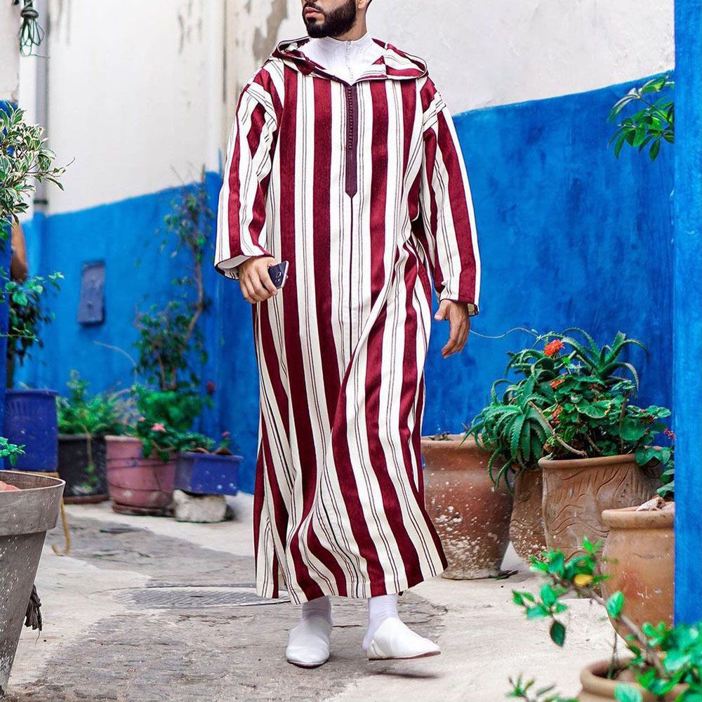 Men's Color Blocking Striped Long Muslim Robe Hoodie