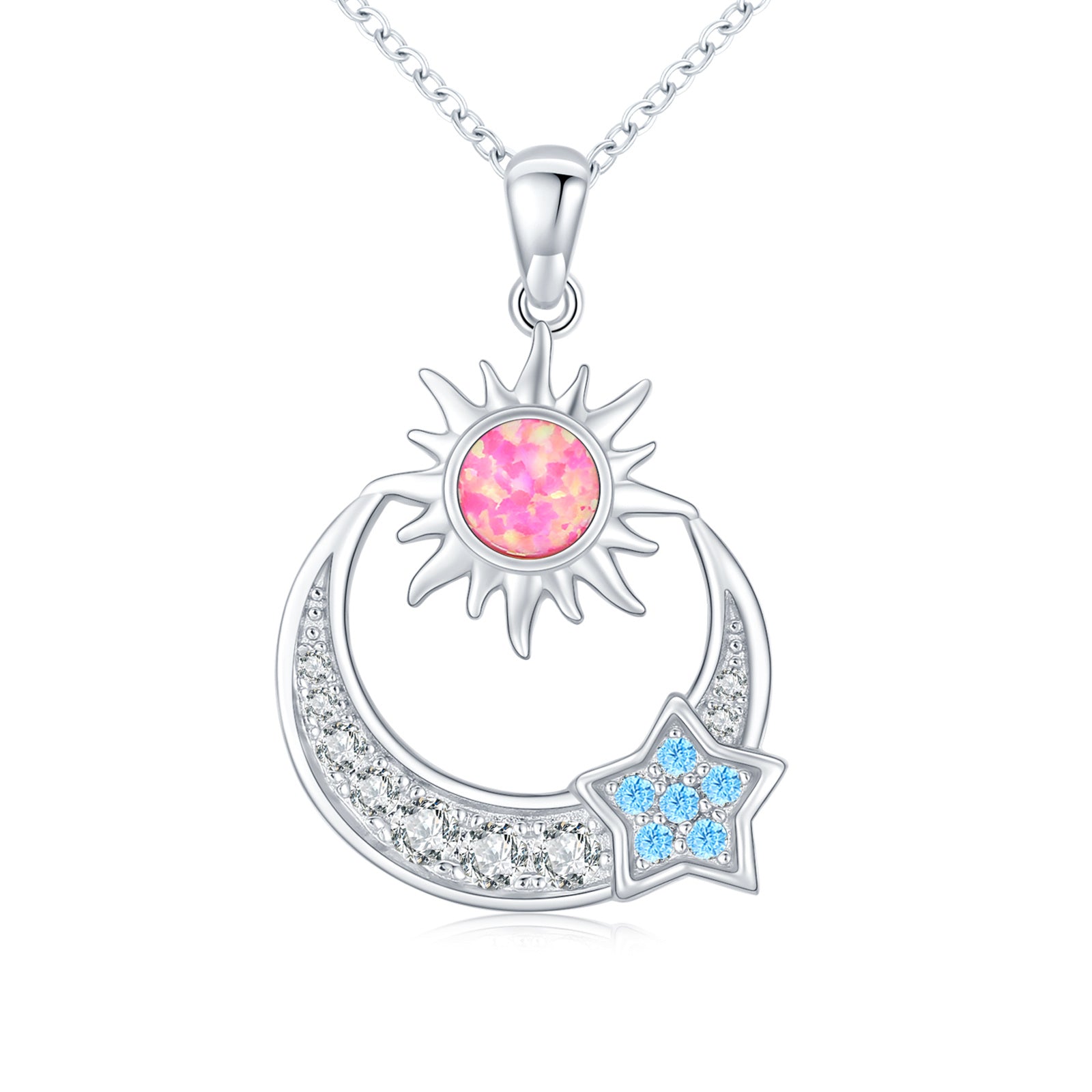 925 Sterling Silver Star Sun Crescent Moon Pendant Necklace