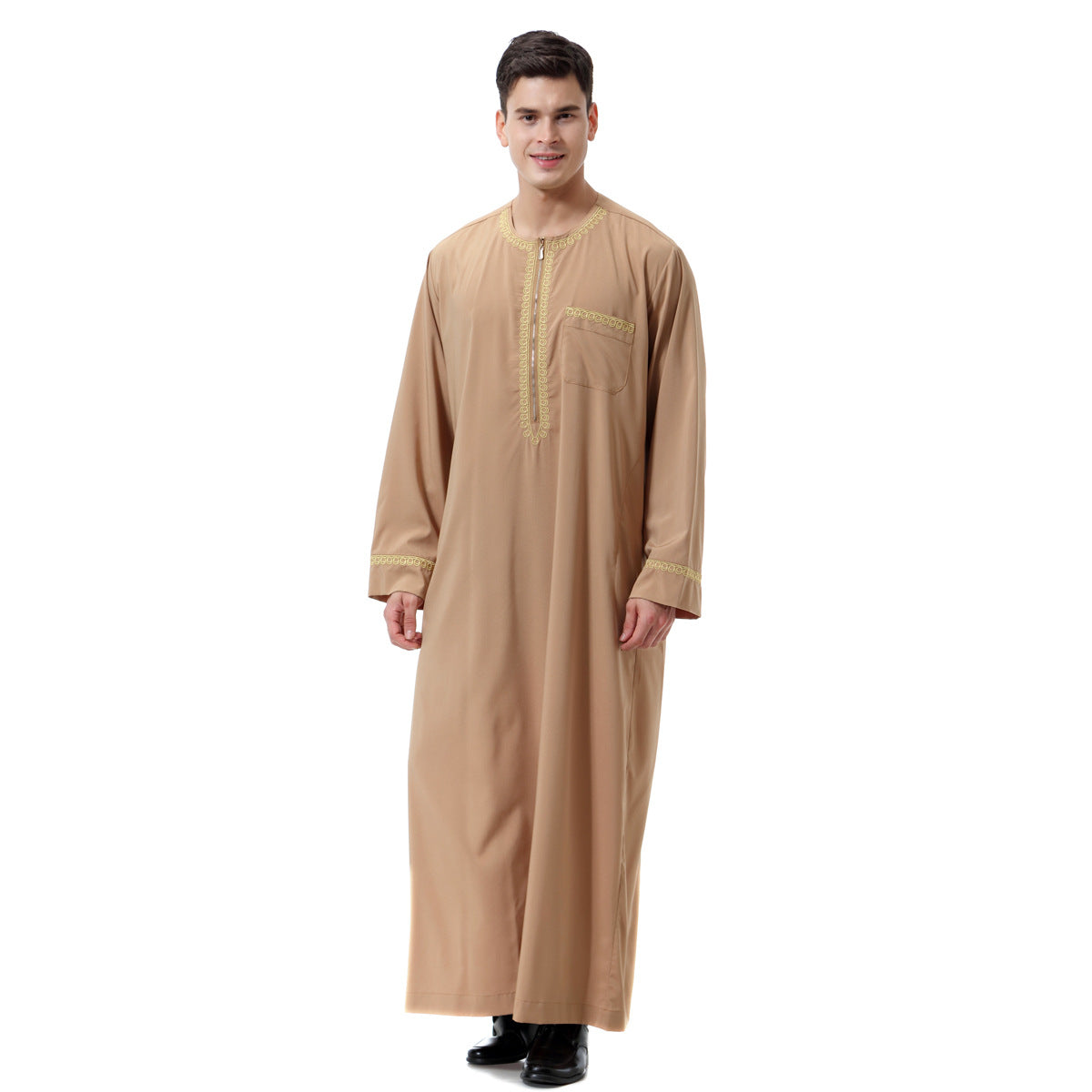 Muslim Arab Middle East Men's Printed Zip Round Neck Robe