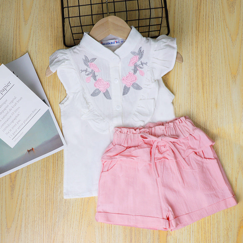 Korean Style Cute Little Girl Embroidered Top Fashion Casual Shorts Two-piece Set