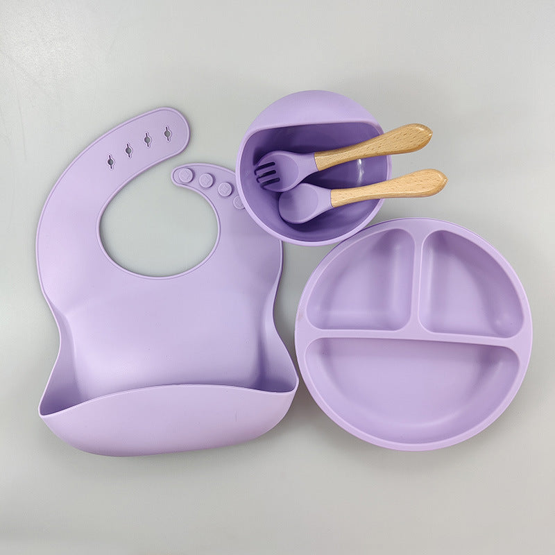 Children's Silicone Bib Compartment Plate Five-piece Set Baby Food Supplement Training Snack Catcher Baby Tableware Set