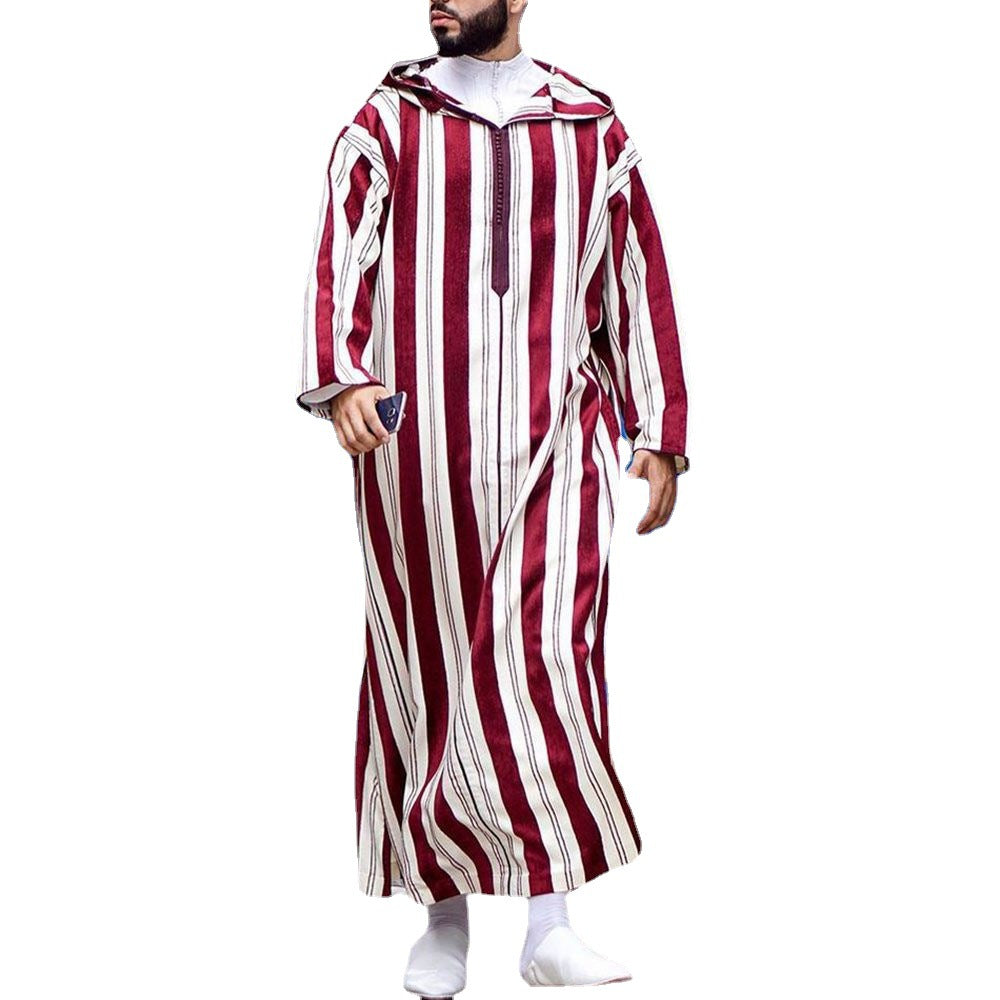 Men's Color Blocking Striped Long Muslim Robe Hoodie