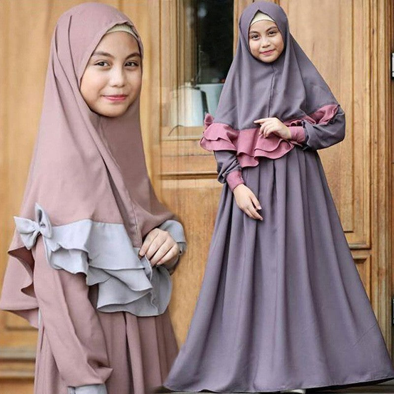 Girls Long Sleeve Color Matching Ruffle Lace Dress Bow Knot Turban (SIZE CHART BELOW)