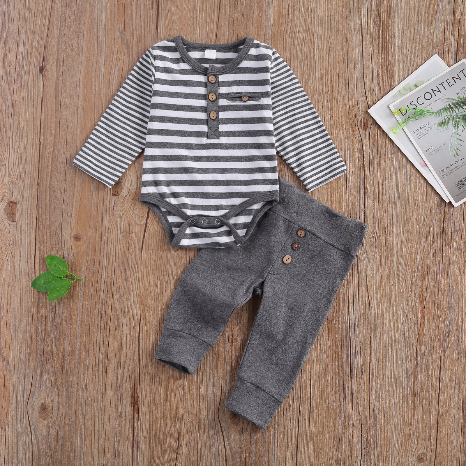 Spring And Autumn New Stripe Long Sleeve Top And Pants Two Piece Set