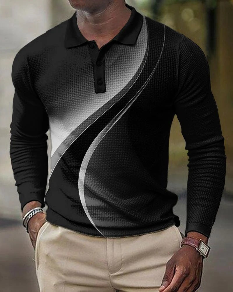 Printed Polo Long Sleeve Pullover Casual Men's T-Shirt